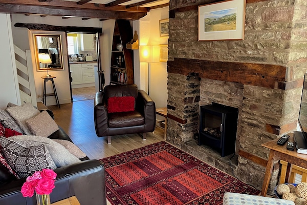 Cosy sitting room with stone fire place with electric stove