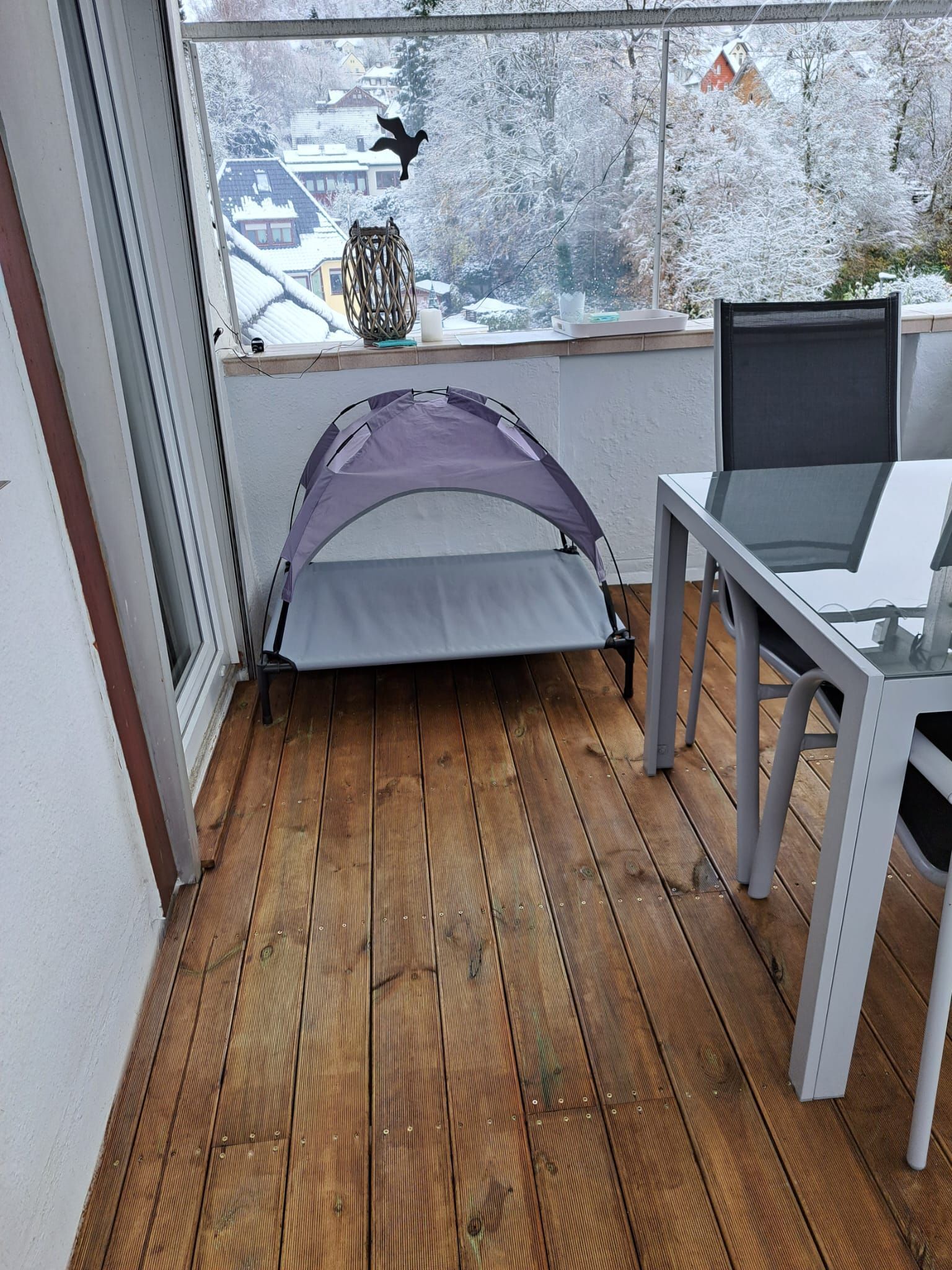 Ein Zimmer mit Holzboden, einem Fenster mit Blick auf schneebedeckte Bäume, einem Tisch mit einem Laptop und einer zeltartigen Struktur.