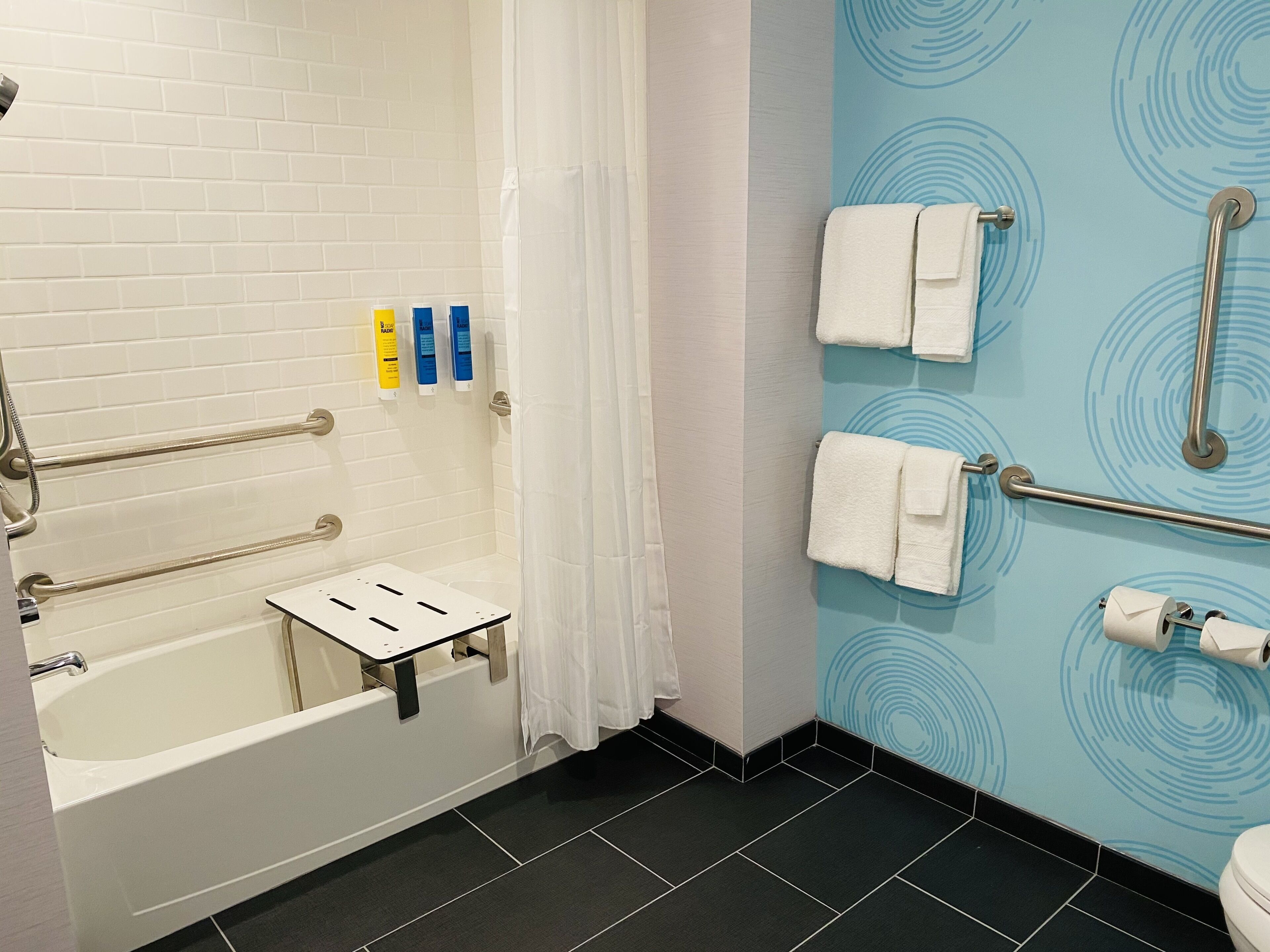 A modern bathroom with a bathtub, handrails, a shower curtain, and a toilet.
