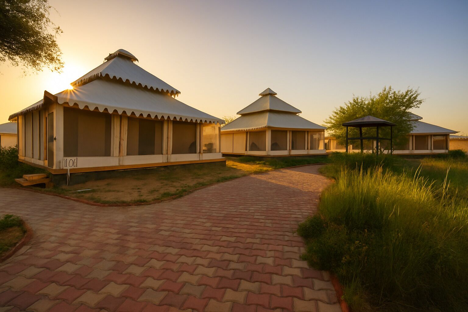 A row of traditional-style tents with a paved walkway in between, set in a natural landscape.