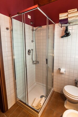 Een douche, een haardroger, een bidet, handdoeken