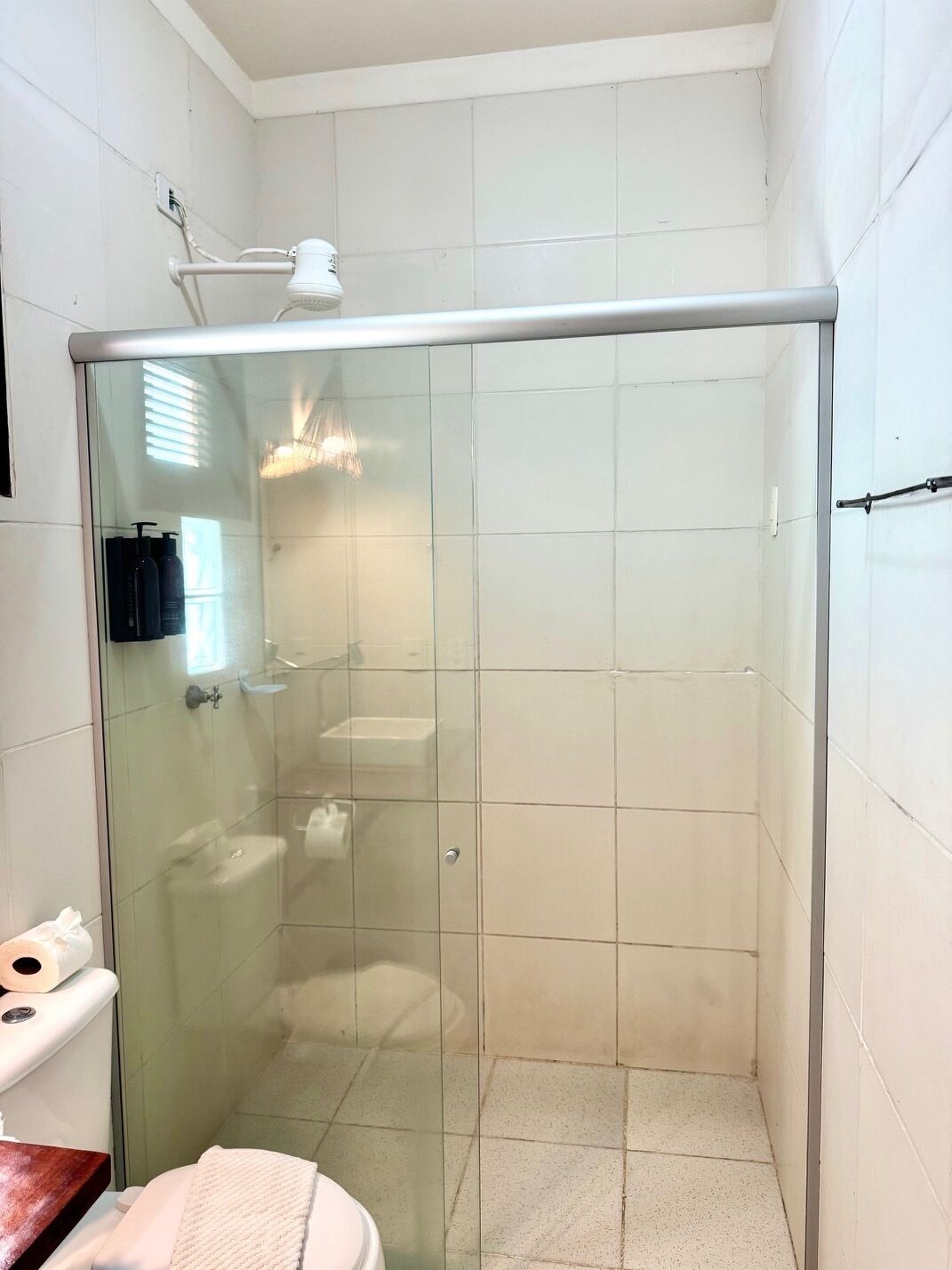 A small, enclosed shower stall with a glass door, a white toilet, and a towel on the floor.