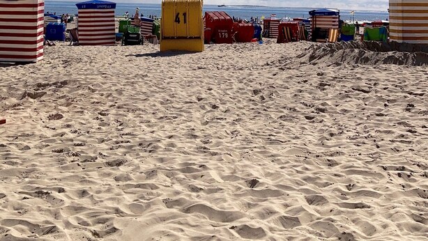 Una playa con hileras de cabañas de playa coloridas, numeradas 39, 40, 41 y 179.