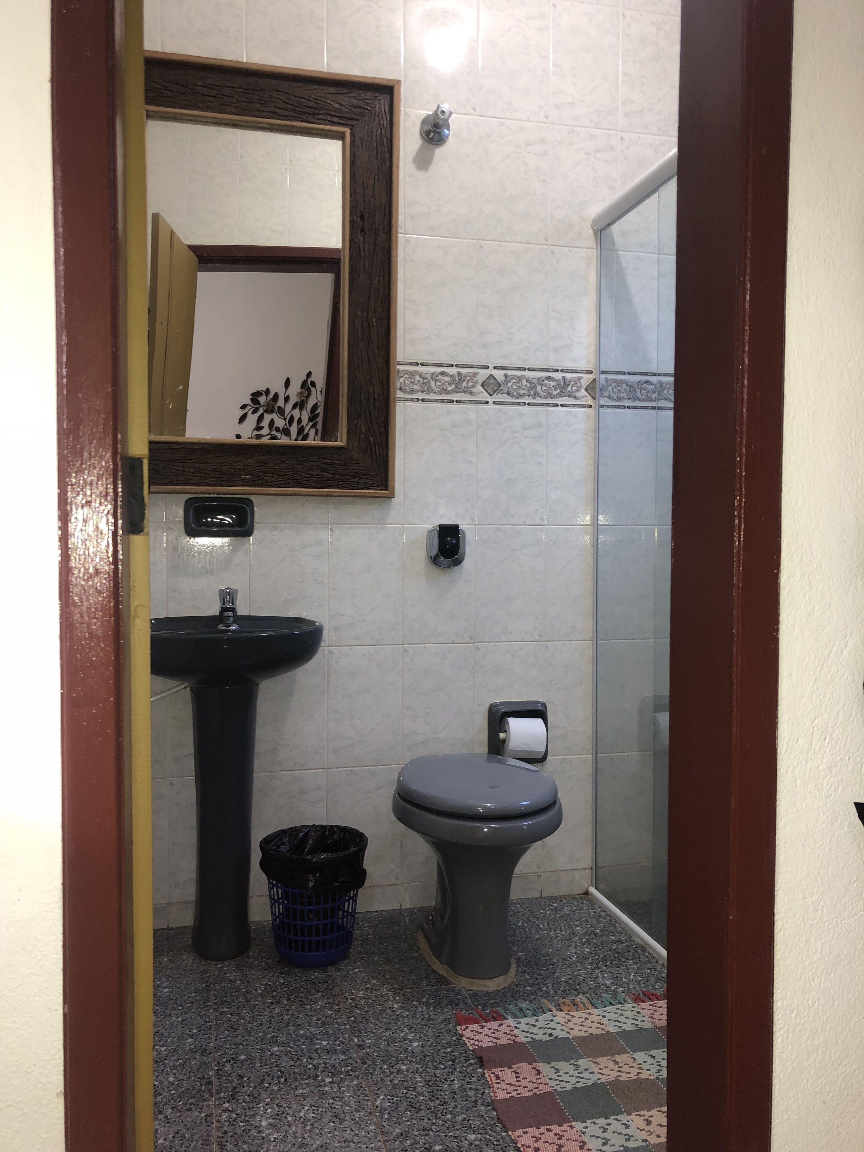 Une salle de bain avec un lavabo sur colonne, des toilettes et une douche à parois de verre.