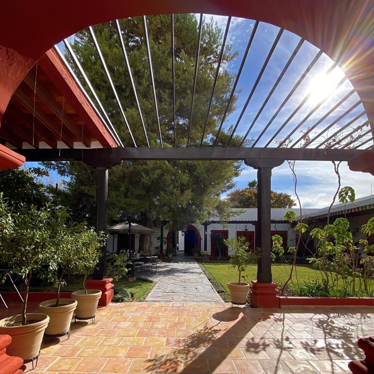 A covered outdoor area with a stone pathway leading to a building entrance, surrounded by potted plants and trees.