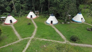 Una serie di yurt disposte a cerchio su un prato erboso, circondate da alberi.