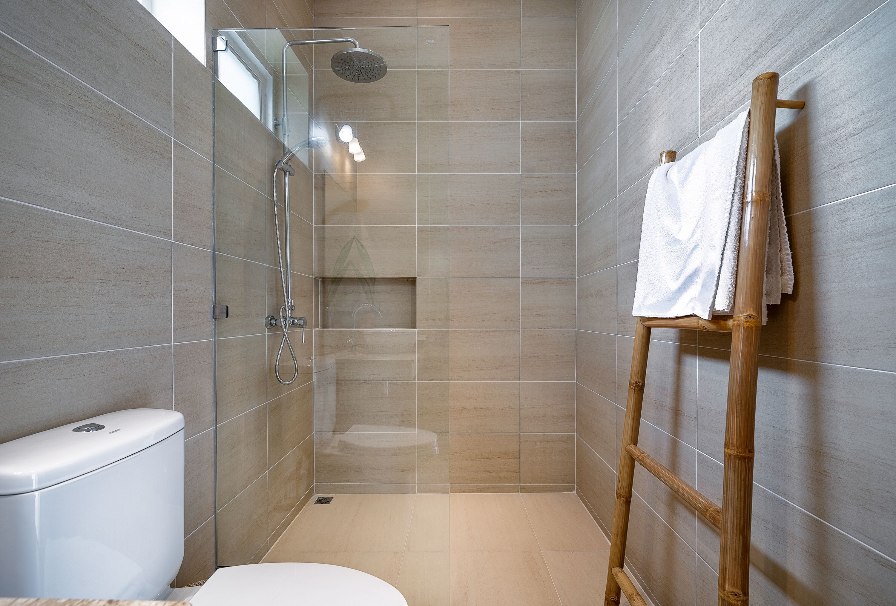 A modern bathroom with a glass-enclosed shower, a toilet, and a wooden towel rack.