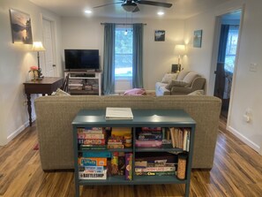 Älytelevisio, DVD-soitin, kirjoja, videokirjasto