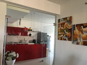 Fridge, microwave, stovetop, toaster