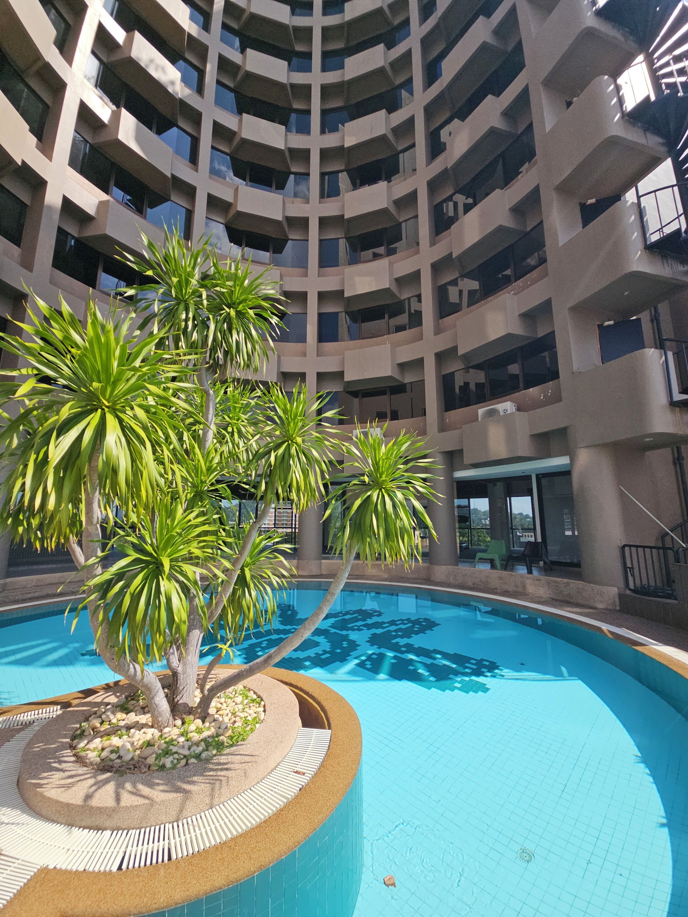 Hồ bơi ngoài trời, mở cửa từ 7:00 đến 22:00, ghế dài tắm nắng 