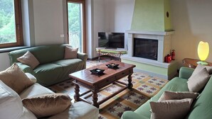 Un salon avec un canapé vert, une table basse en bois, une cheminée et un téléviseur.