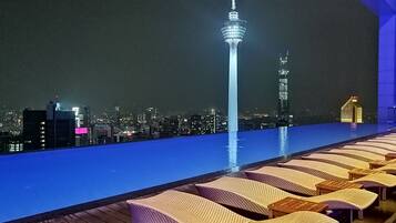 Relax on the rooftop with a panoramic view of the city skyline, surrounded by wicker lounge chairs and small tables.