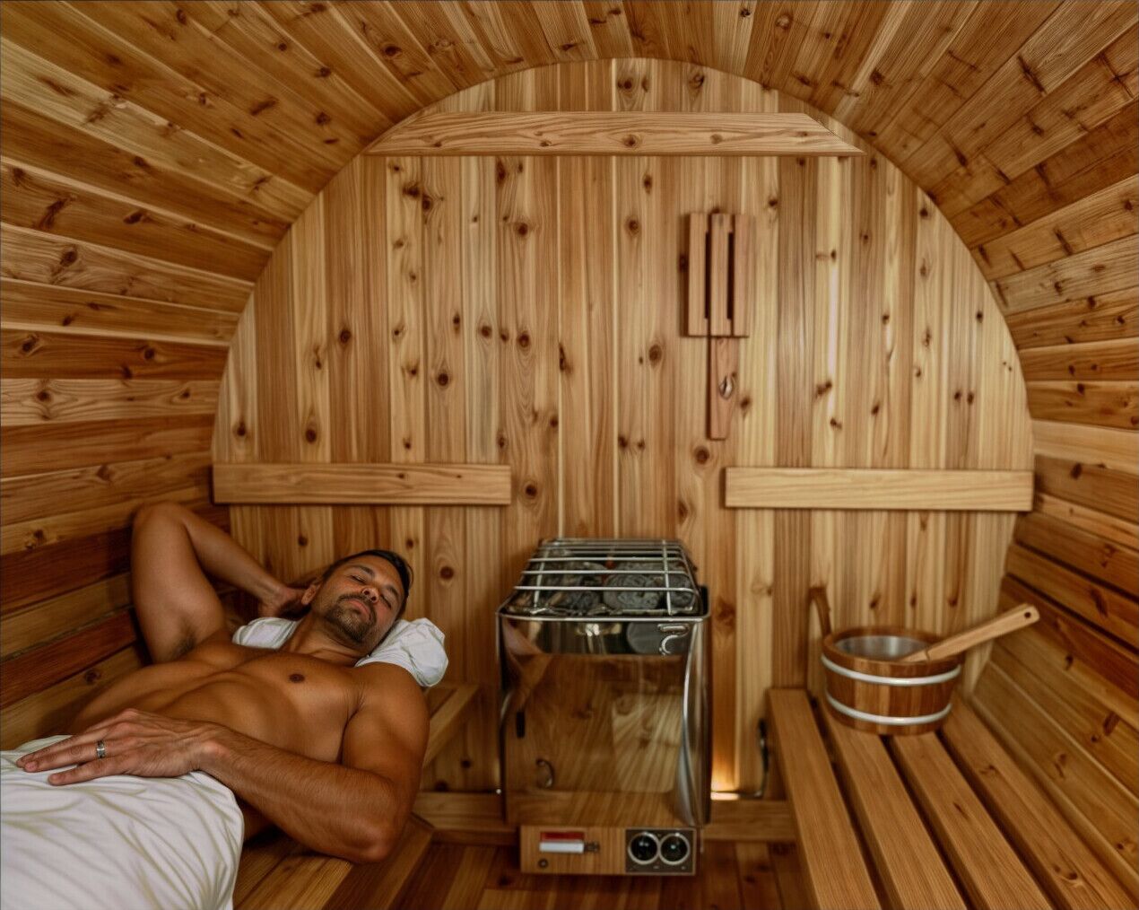 A sauna room with wooden walls, a bench, a sauna heater, and a wooden bucket.