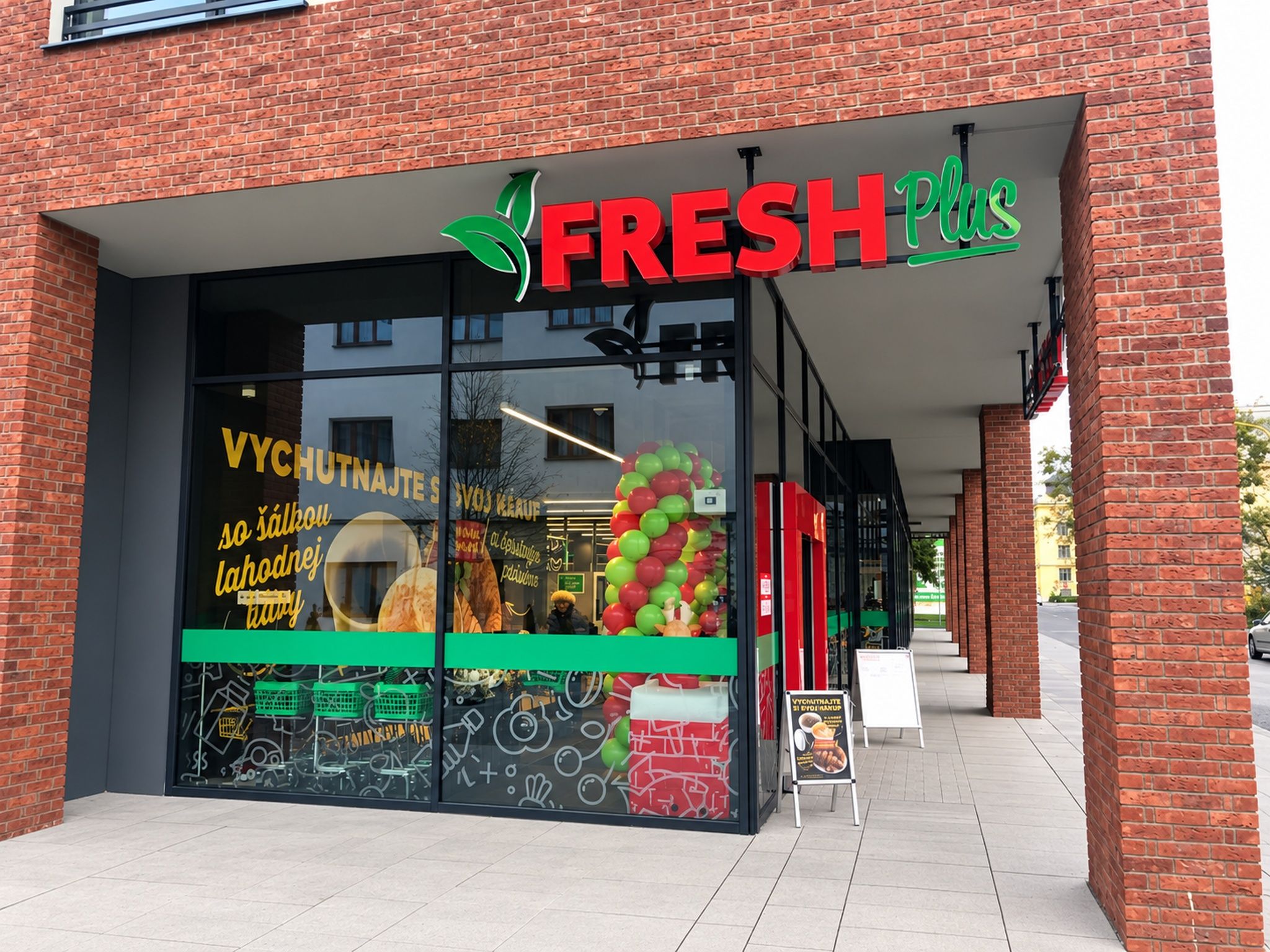 En butik med en stor glasfasad, en skylt med texten ”FRESH Plus” och en uppsättning färgglada ballonger som dekor.