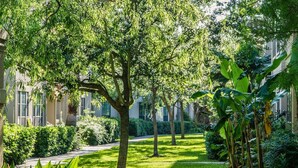Ein gepflegter Garten mit verschiedenen Bäumen und Sträuchern, einem gepflasterten Weg und einem Gebäude mit großen Fenstern im Hintergrund.
