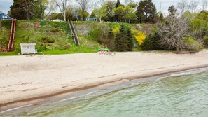 On the beach, sun-loungers, beach towels