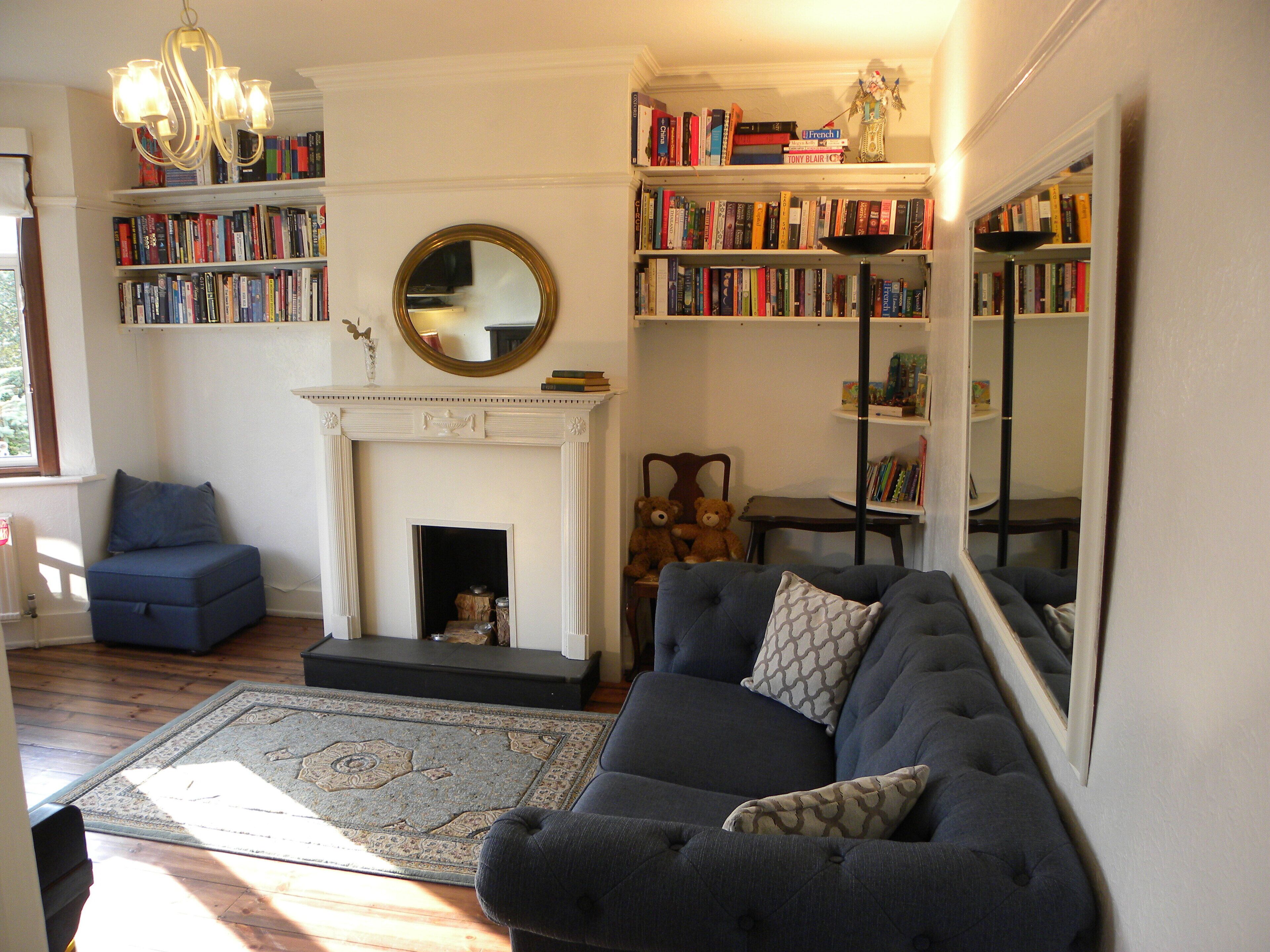 TV, fireplace, books