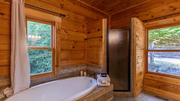 Combined shower/tub, jetted tub, hair dryer, towels