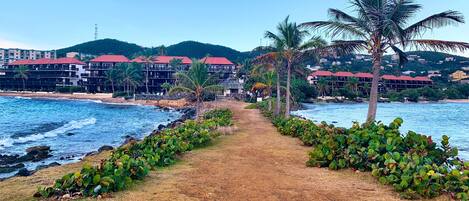 A coastal path leading to a beachfront hotel with red-roofed buildings, palm trees, and a clear view of the ocean.