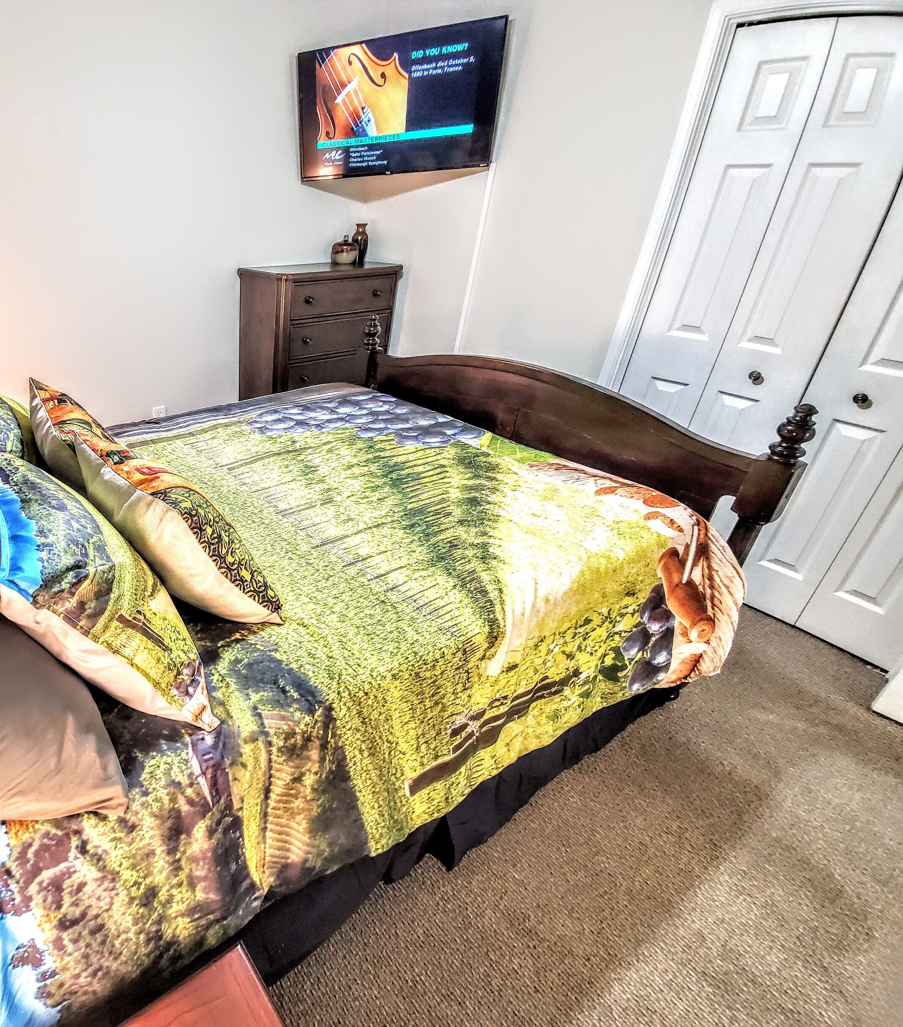 Un dormitorio con cama, cómoda, televisor en la pared y una puerta.