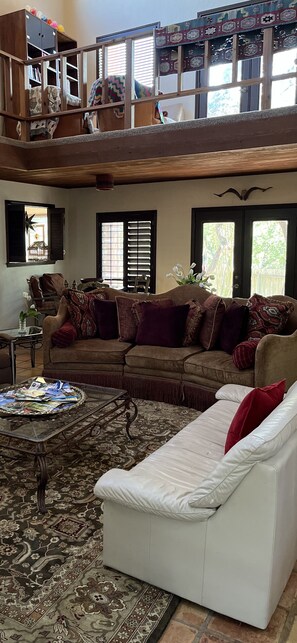 Smart TV, fireplace, books