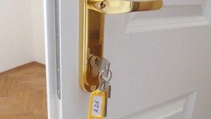 A door with a golden handle and a keycard lock.