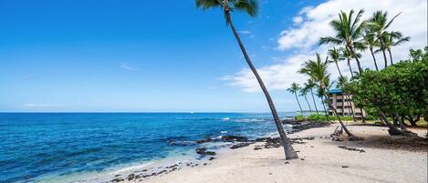 On the beach, sun loungers, beach towels