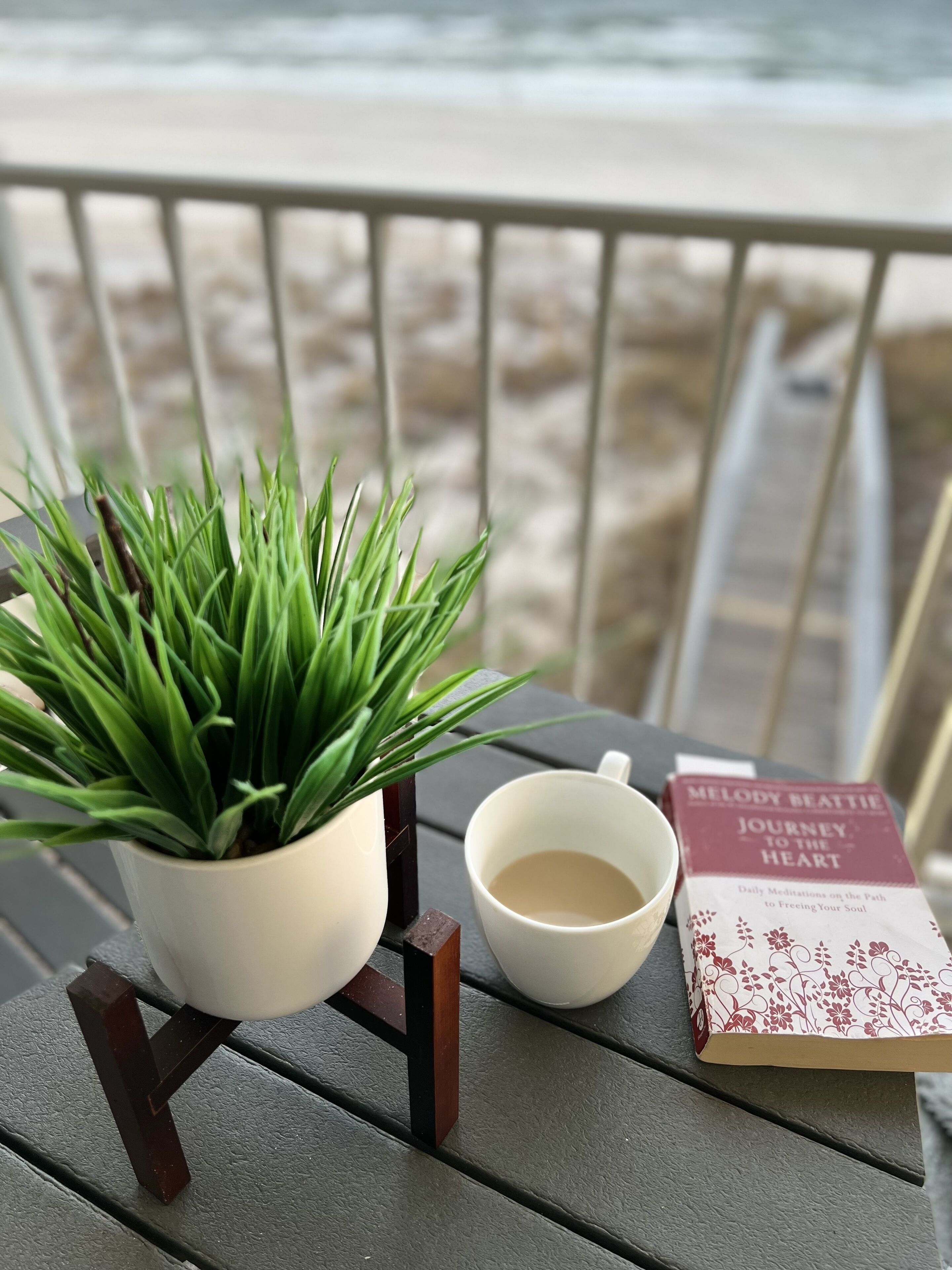 Ein Topfpflanze, eine Tasse Tee und ein Buch mit dem Titel 'Journey to the Heart' auf einem Tisch neben einem Balkon mit Blick auf den Strand.