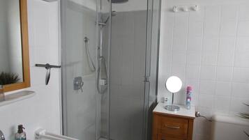 A bathroom with a glass-enclosed shower, a sink, a mirror, and a toilet.