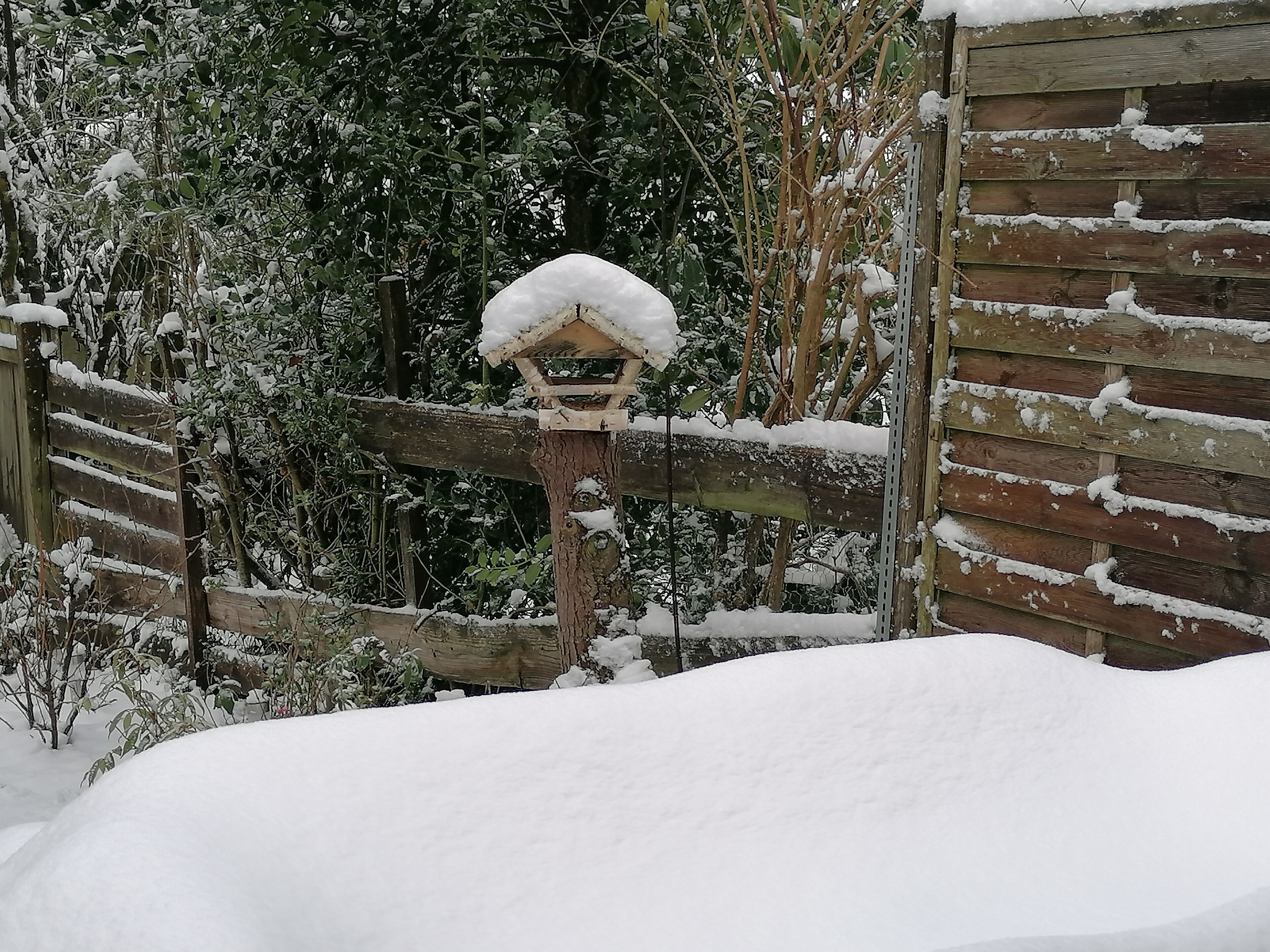 A wooden cabin with a snow-covered roof and a wooden fence.