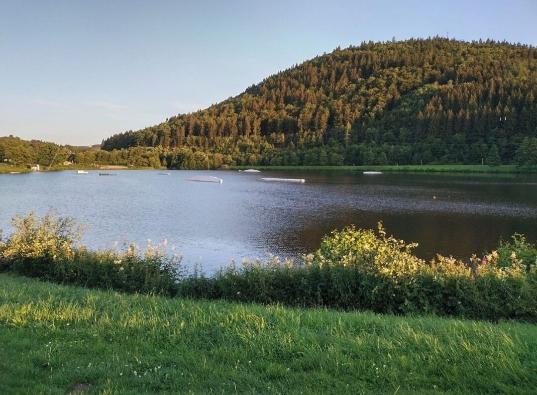 A serene lake with boats, surrounded by lush greenery and a forested hill.