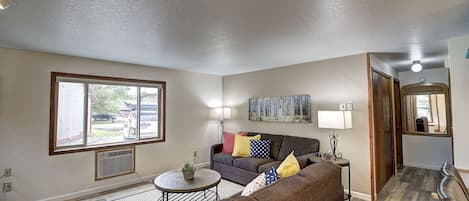 Smart TV, fireplace, books