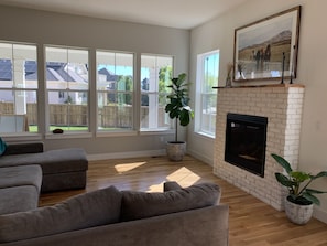 TV, fireplace, books, stereo