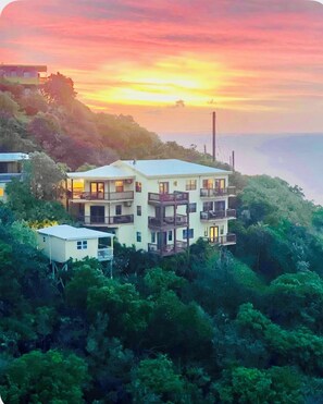 A multi-story building with balconies, surrounded by dense greenery, overlooking a body of water.