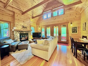 Smart TV, fireplace, books