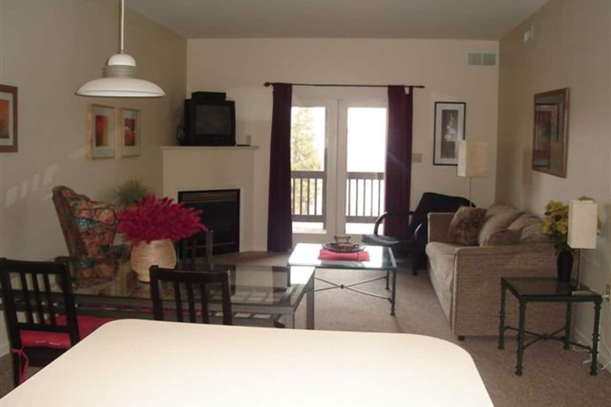 A living room with a fireplace, a television, a sofa, a dining table, and chairs.
