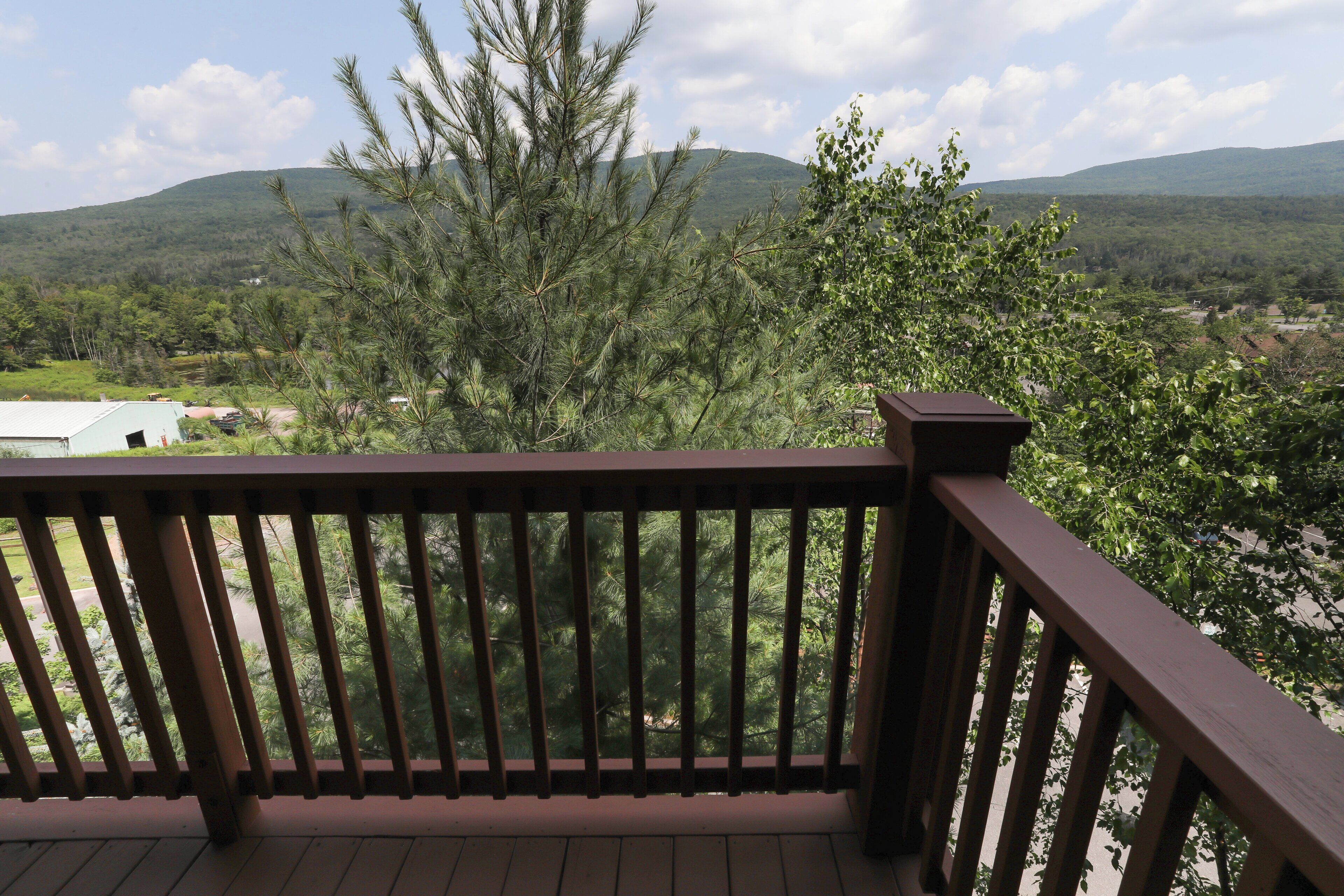 A wooden deck with a view of a mountainous landscape.