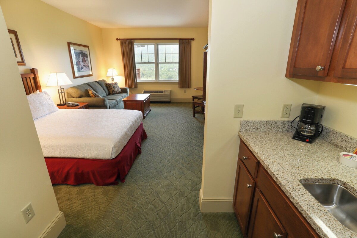 A hotel room with a bed, a sofa, a desk, a window with curtains, a kitchen area with a coffee maker, and a sink.