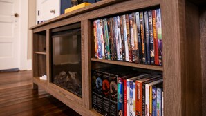 A wooden entertainment center with DVD shelves. - Calming Seaside Sanctuary, pet friendly 2-blocks from beach (Galveston)