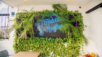 Zona de recepción de hotel con un letrero de neón, plantas de interior, un mostrador de recepción y una cesta de frutas.