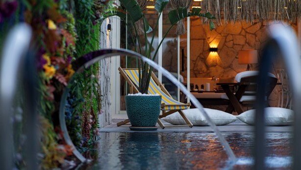 Área de piscina com uma cadeira e um vaso de planta.