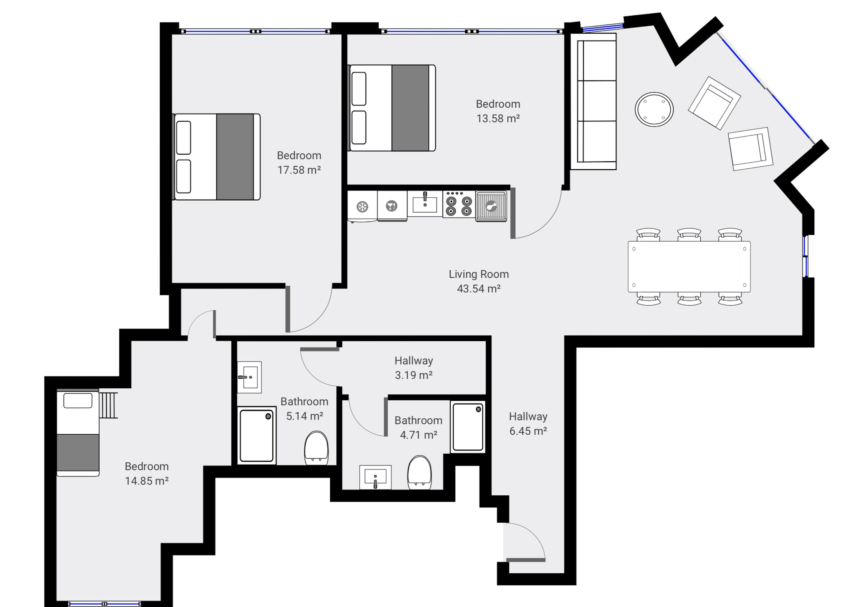 A floor plan of a hotel with multiple bedrooms, bathrooms, a living room, and a dining area.