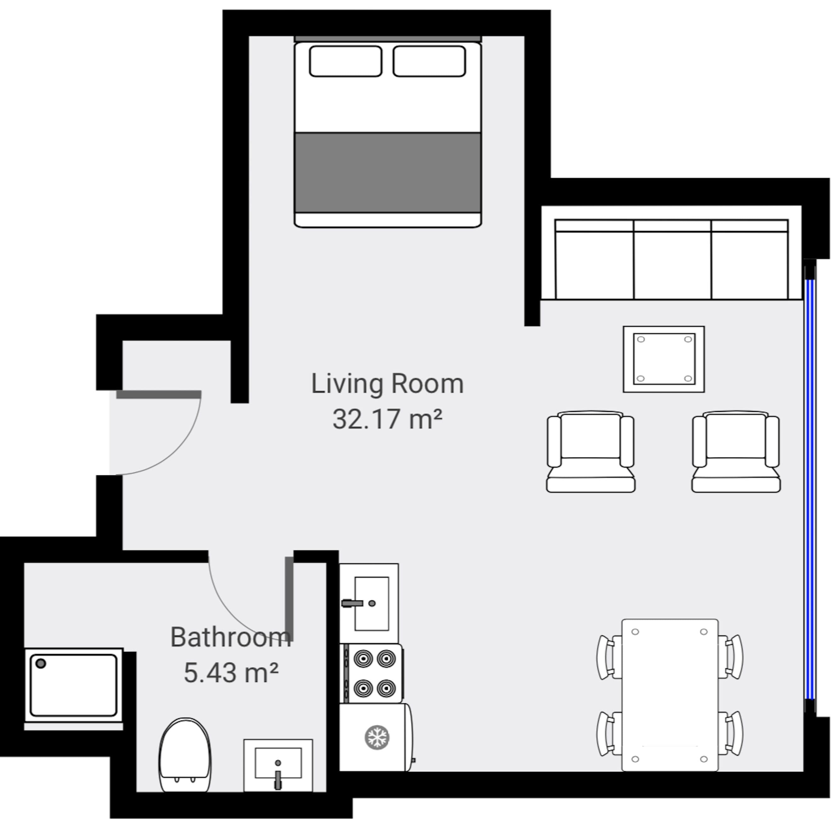 Un plan d’étage comprenant un salon de 32,17 m² et une salle de bain de 5,43 m².