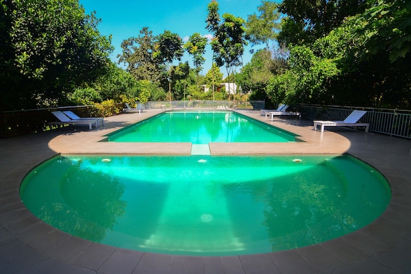 Outdoor pool, pool umbrellas