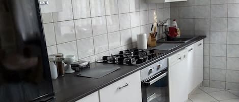 Full-sized fridge, microwave, oven, stovetop