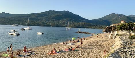 On the beach, sun loungers