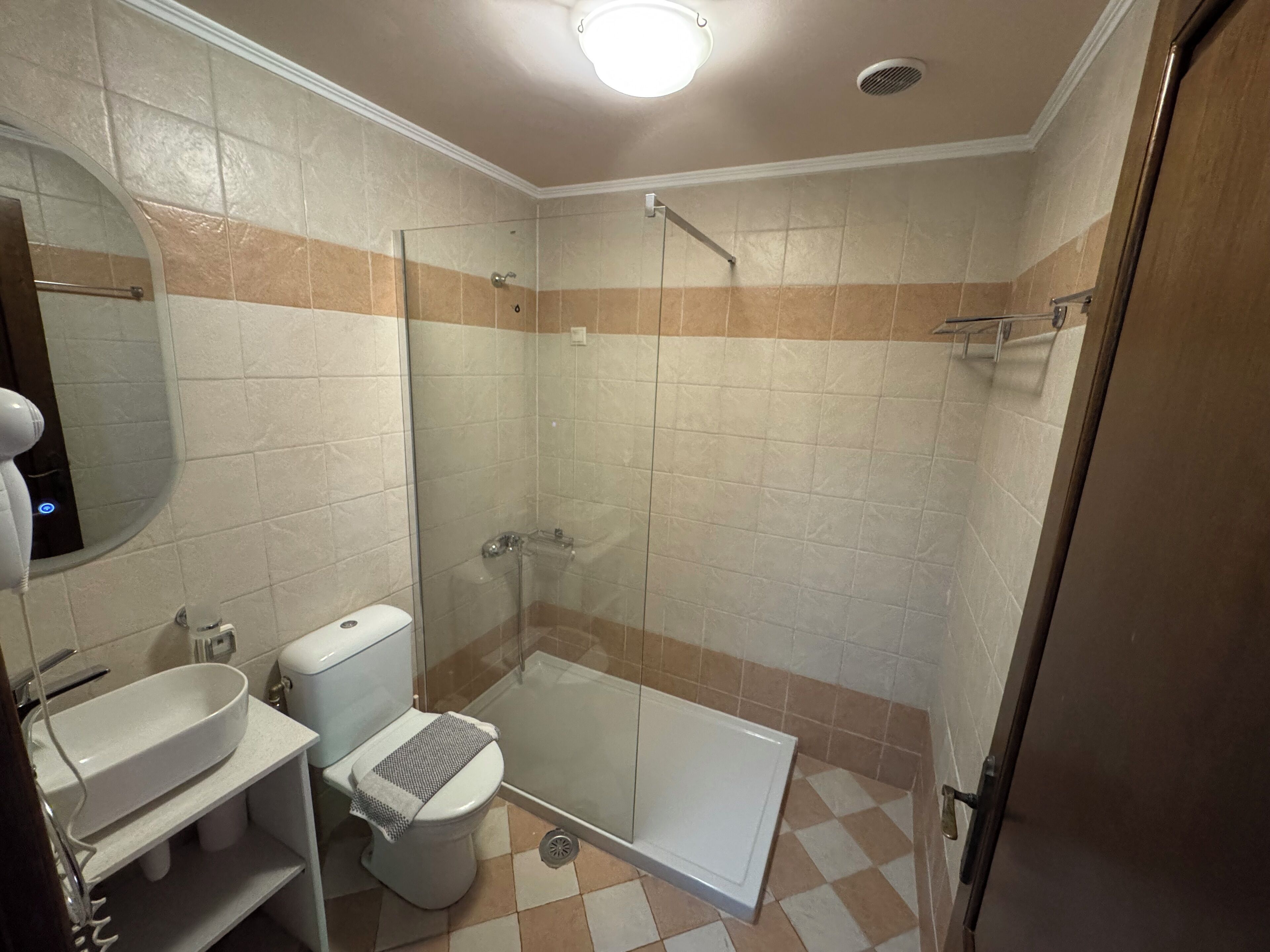 A bathroom with a toilet, sink, and glass-enclosed shower stall.