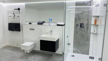 Dusche, Haartrockner, Handtücher, Seife