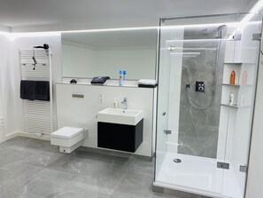 Douche, sèche-cheveux, serviettes fournies, savon
