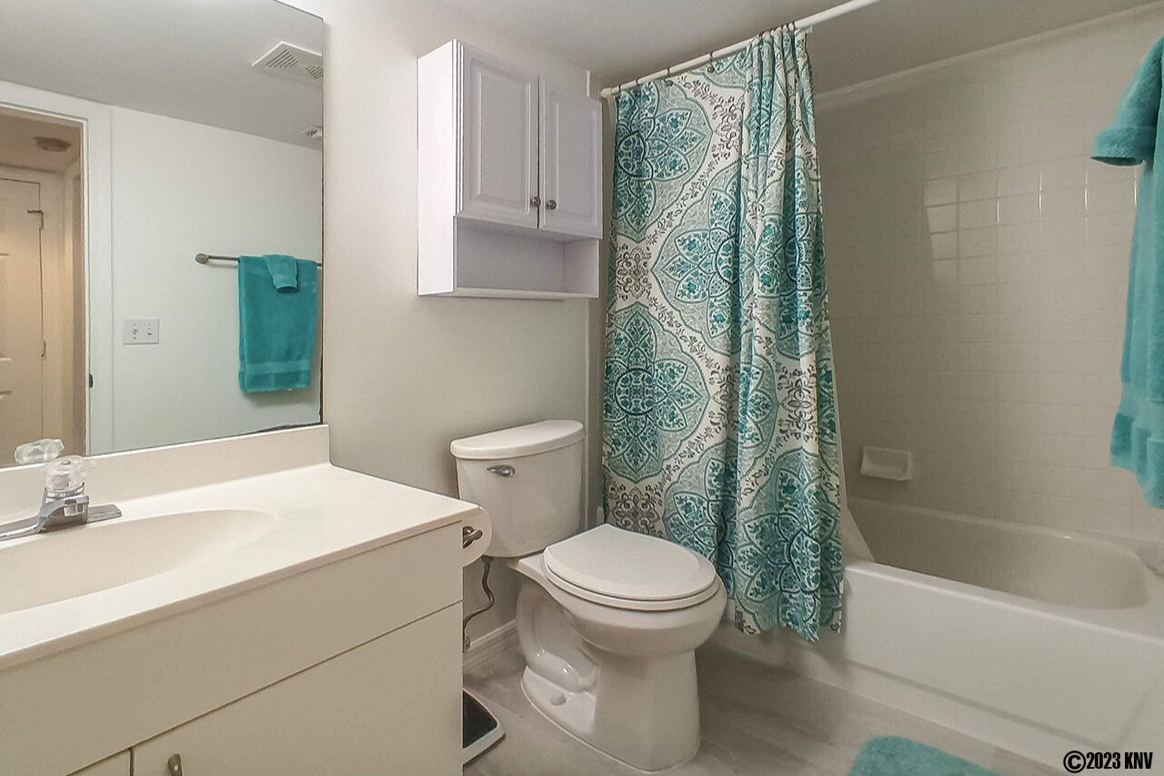 A bathroom with a toilet, sink, mirror, cabinet, shower curtain, and bathtub.